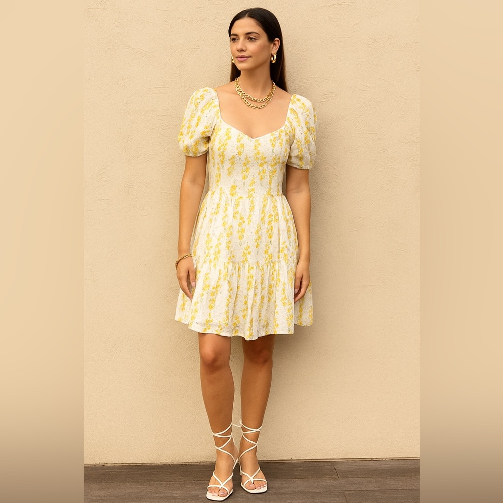 Yellow Floral Puff Sleeve Eyelet Dress with tie up back